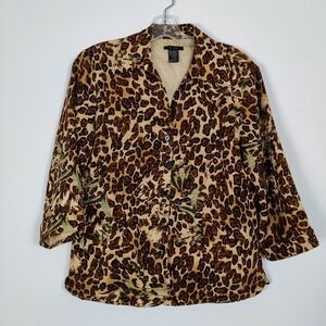 Silkland Women's 100% Silk Leopard Button Down Shirt Blouse Size Medium Collared
